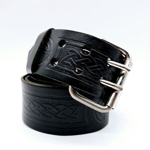 Tooled leather double pronged buckle belt